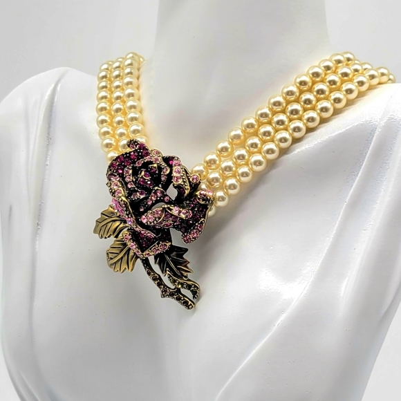 Heidi Daus Ruby Swarovski Crystal Rose Necklace with Triple Strand Ivory Pearls - Picture 5 of 8
